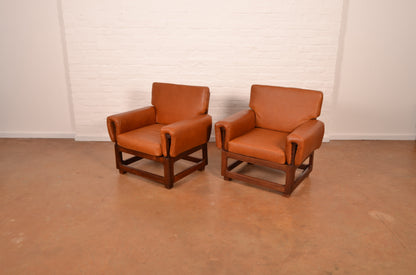 Vintage Pair of Genuine Leather "Copa" Style Armchairs in Brazilian Walnut