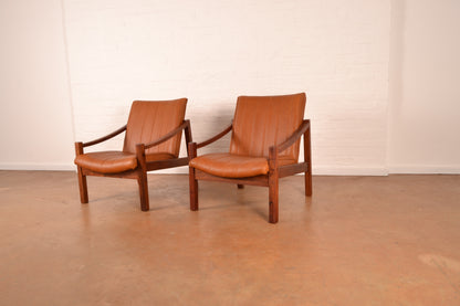 Pair of Vintage South African Mid-Century Modern Armchairs in Solid Kiaat & Toffee Leather