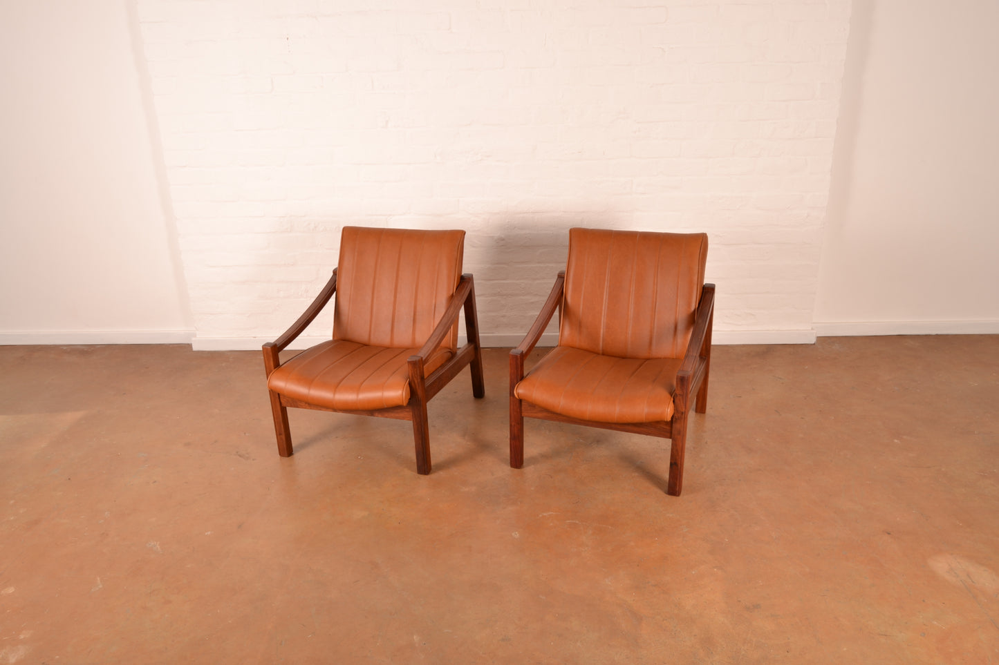 Pair of Vintage South African Mid-Century Modern Armchairs in Solid Kiaat & Toffee Leather