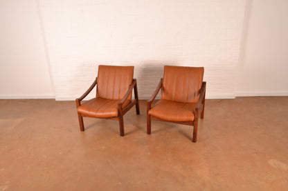 Pair of Vintage South African Mid-Century Modern Armchairs in Solid Kiaat & Toffee Leather