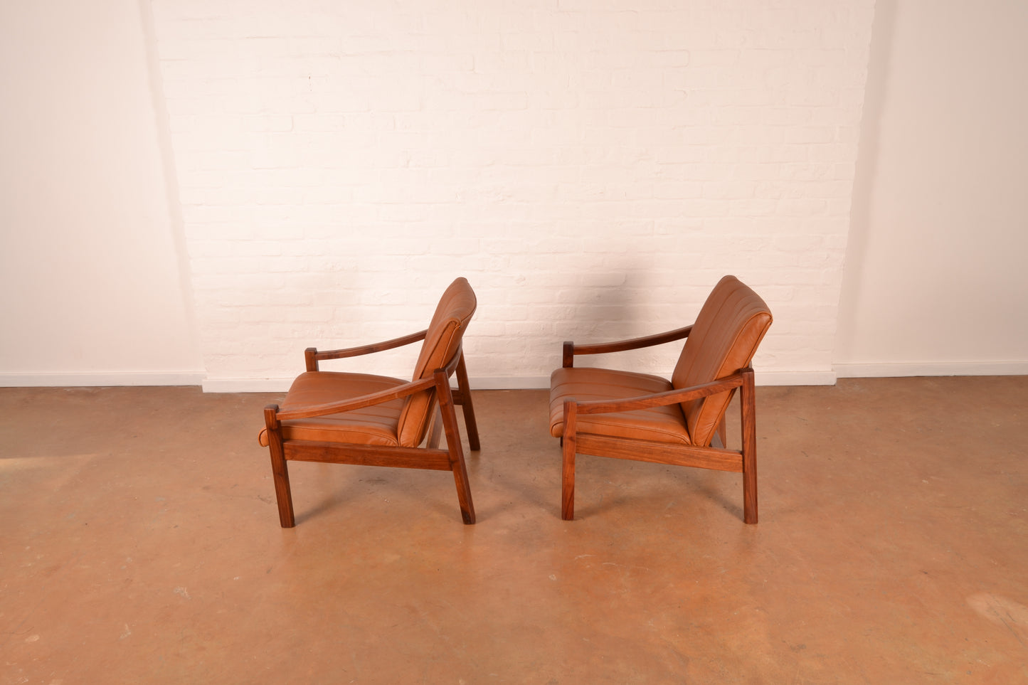 Pair of Vintage South African Mid-Century Modern Armchairs in Solid Kiaat & Toffee Leather