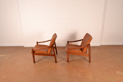 Pair of Vintage South African Mid-Century Modern Armchairs in Solid Kiaat & Toffee Leather