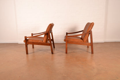 Pair of Vintage South African Mid-Century Modern Armchairs in Solid Kiaat & Toffee Leather