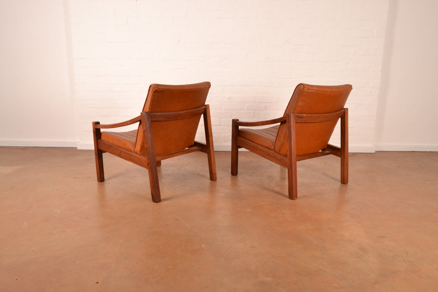 Pair of Vintage South African Mid-Century Modern Armchairs in Solid Kiaat & Toffee Leather