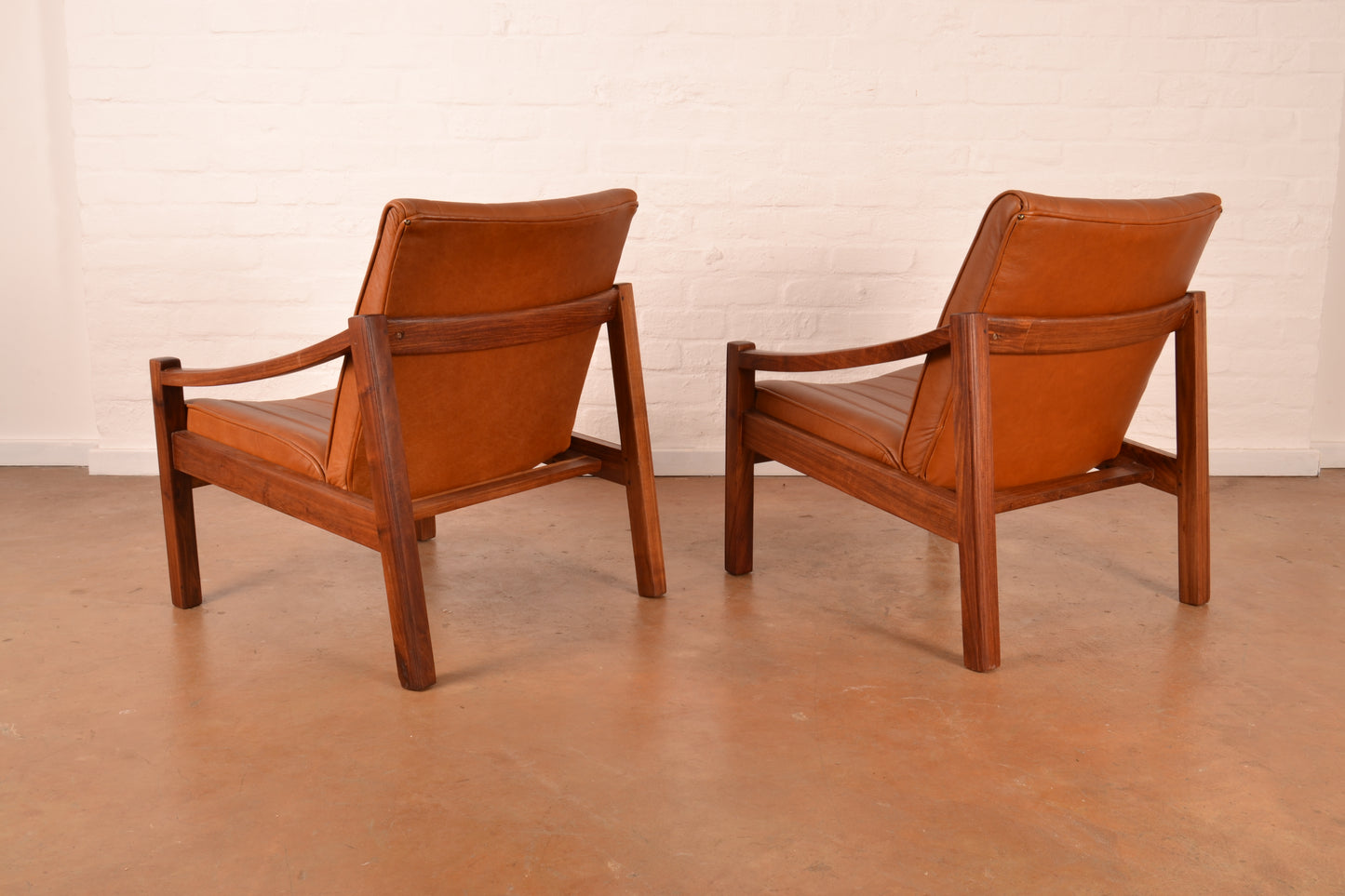 Pair of Vintage South African Mid-Century Modern Armchairs in Solid Kiaat & Toffee Leather