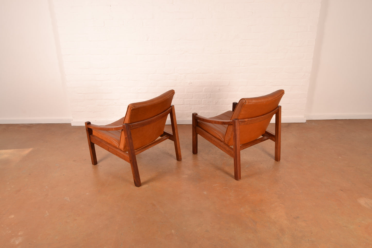 Pair of Vintage South African Mid-Century Modern Armchairs in Solid Kiaat & Toffee Leather