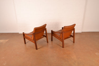 Pair of Vintage South African Mid-Century Modern Armchairs in Solid Kiaat & Toffee Leather