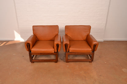 Vintage Pair of Genuine Leather "Copa" Style Armchairs in Brazilian Walnut