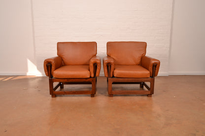 Vintage Pair of Genuine Leather "Copa" Style Armchairs in Brazilian Walnut