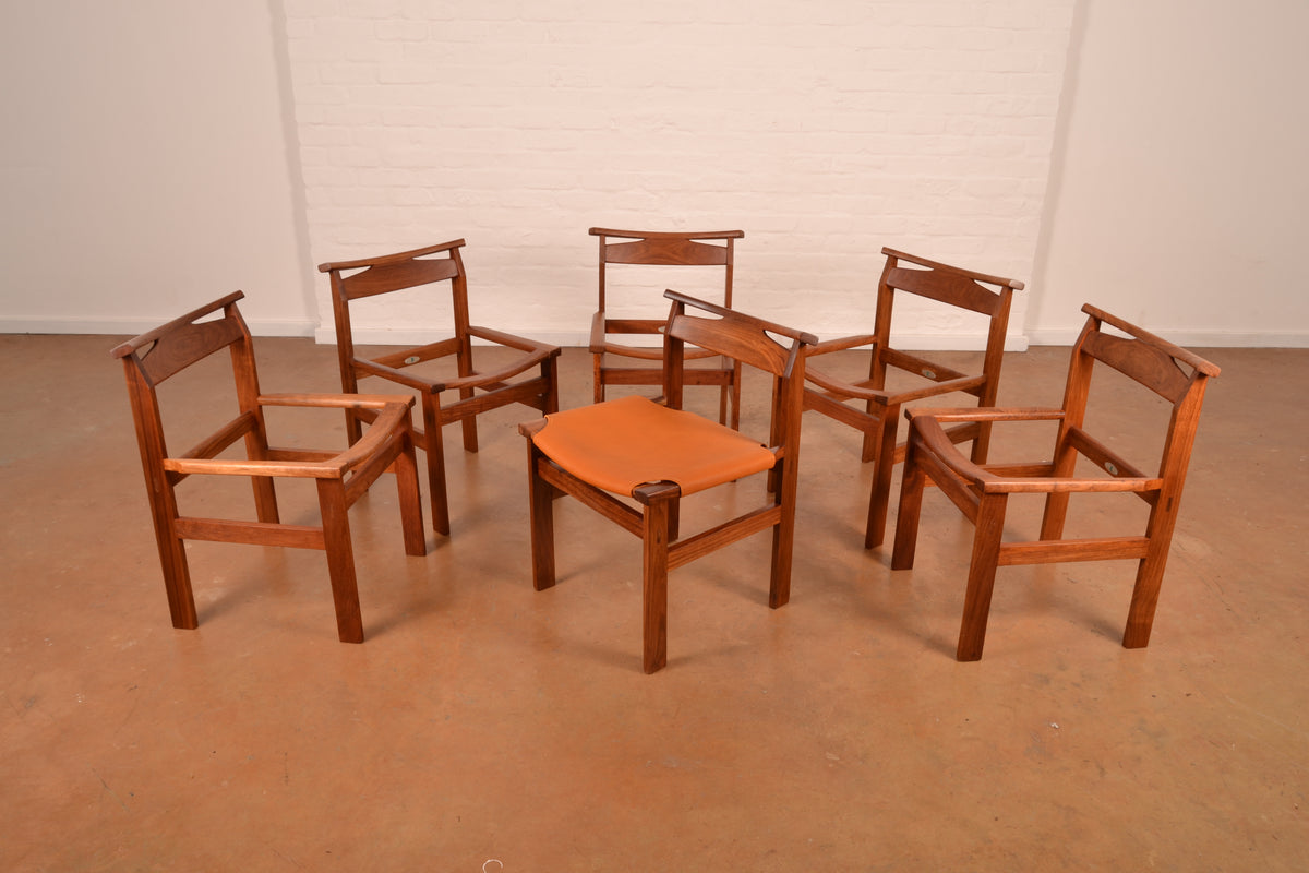 Set of 6 x Vintage Kallenbach’s South African Mid-Century Modern Dining Chairs by John Tabraham in Solid Kiaat & Full-Grain Leather