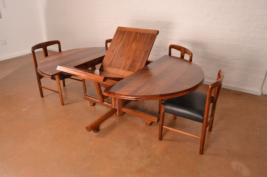 4–6 Seater Extendable South African Mid-Century Modern Dining Set in Solid Kiaat by Artecasa  – Expertly Restored with Genuine Leather Upholstery