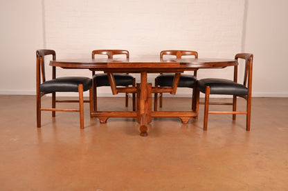 4–6 Seater Extendable South African Mid-Century Modern Dining Set in Solid Kiaat by Artecasa  – Expertly Restored with Genuine Leather Upholstery