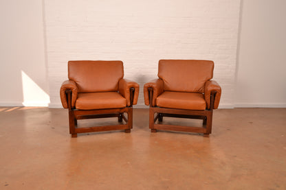 Vintage Pair of Genuine Leather "Copa" Style Armchairs in Brazilian Walnut