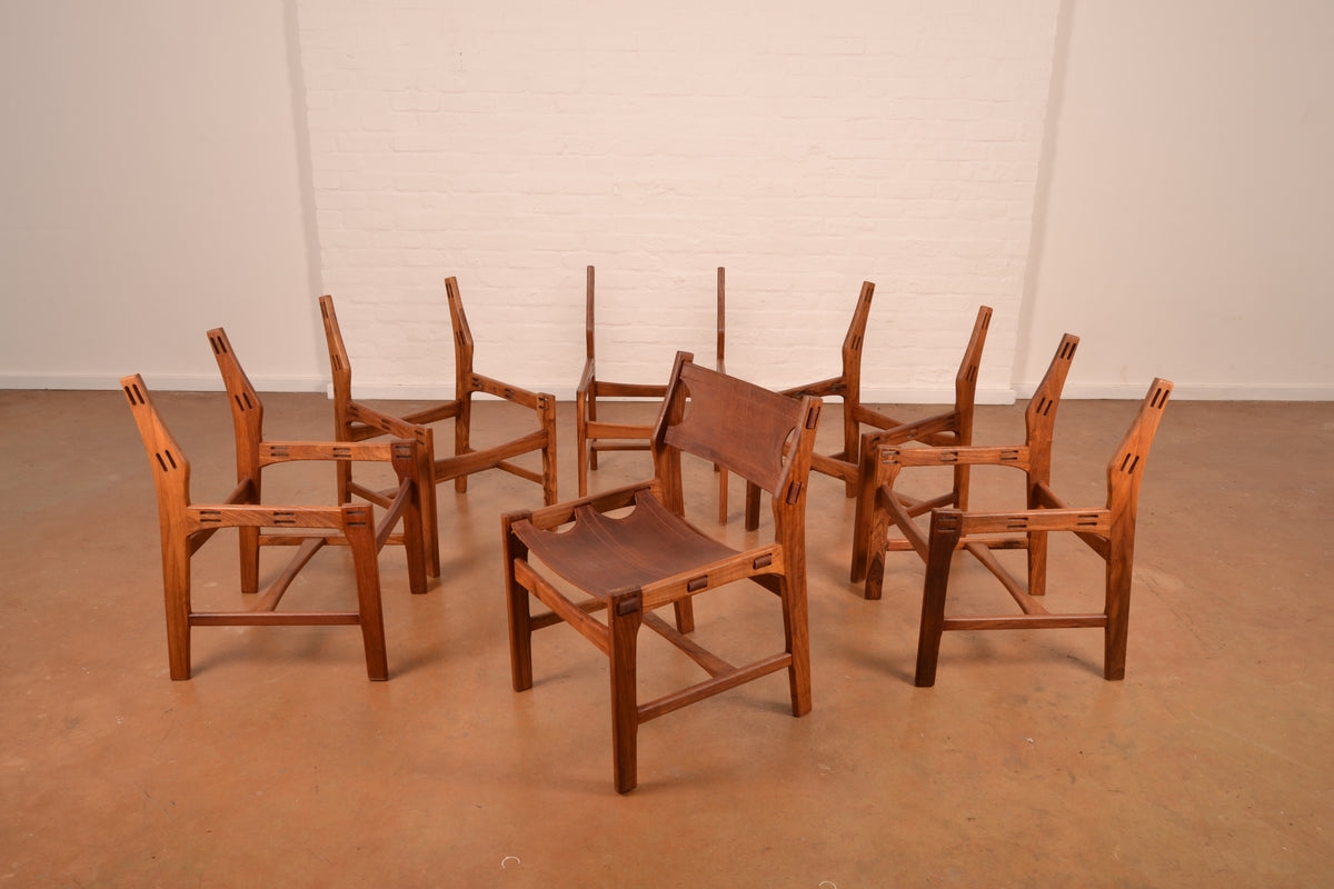 Set of 6 x Vintage DS Vorster South African Mid-Century Modern Dining Chairs in Solid Kiaat & Genuine Leather
