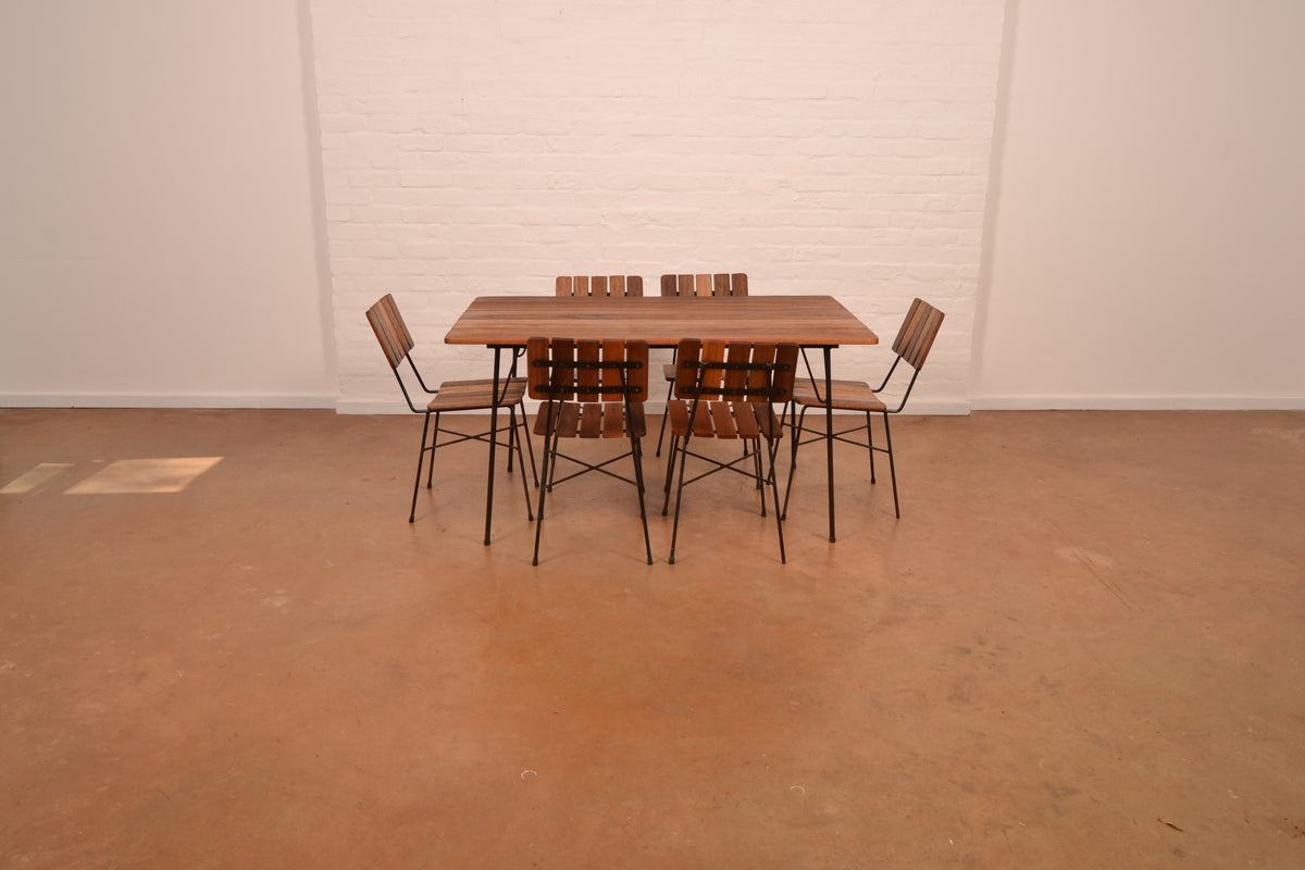 Retro 6-Seater Outdoor Dining Set in Meranti & Mild Steel