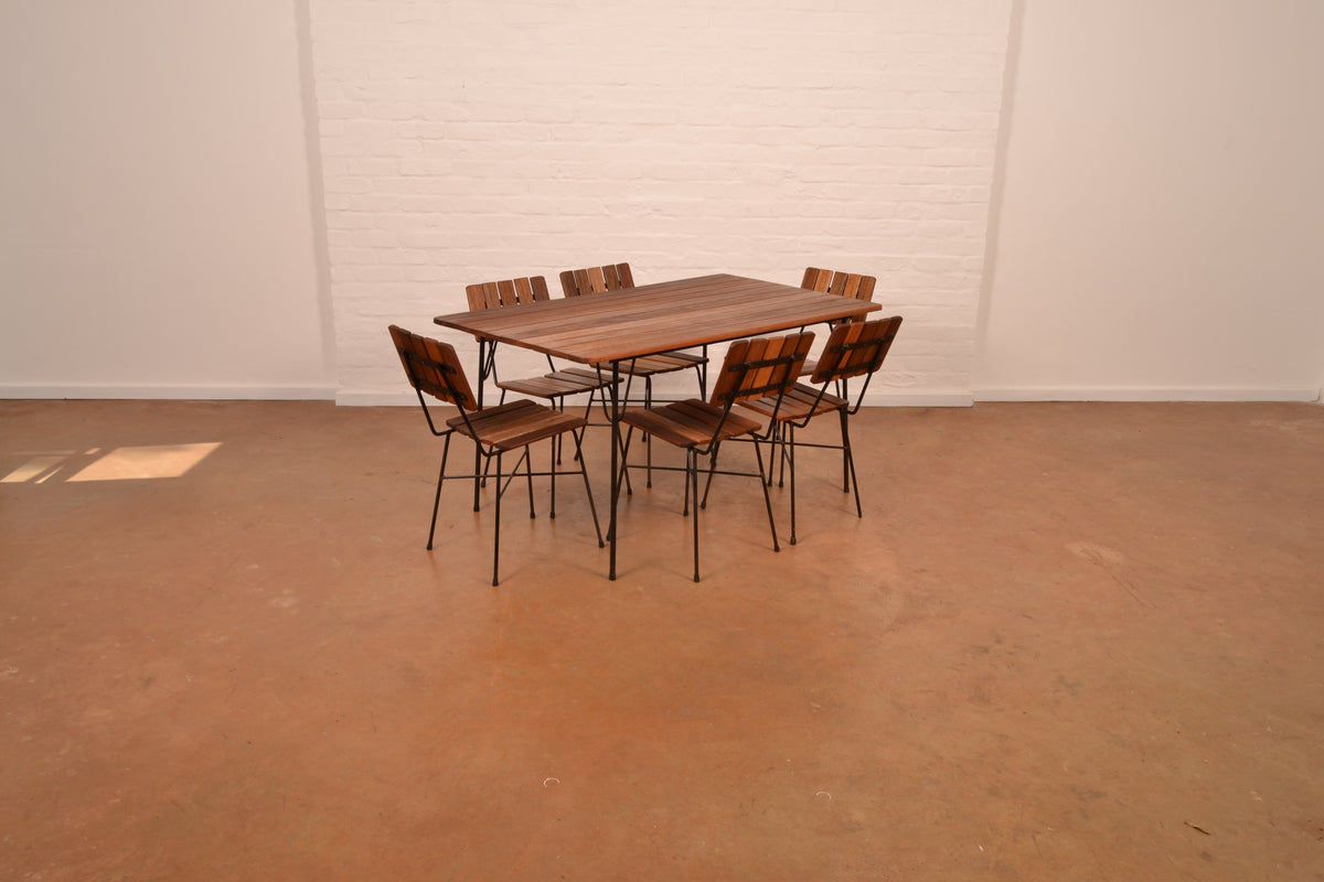 Retro 6-Seater Outdoor Dining Set in Meranti & Mild Steel